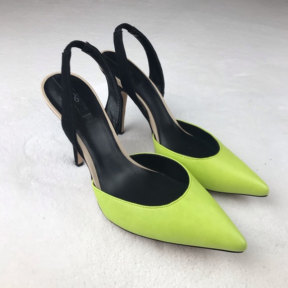 Aldo black & lime leather sling back heels - Picture 3 of 5